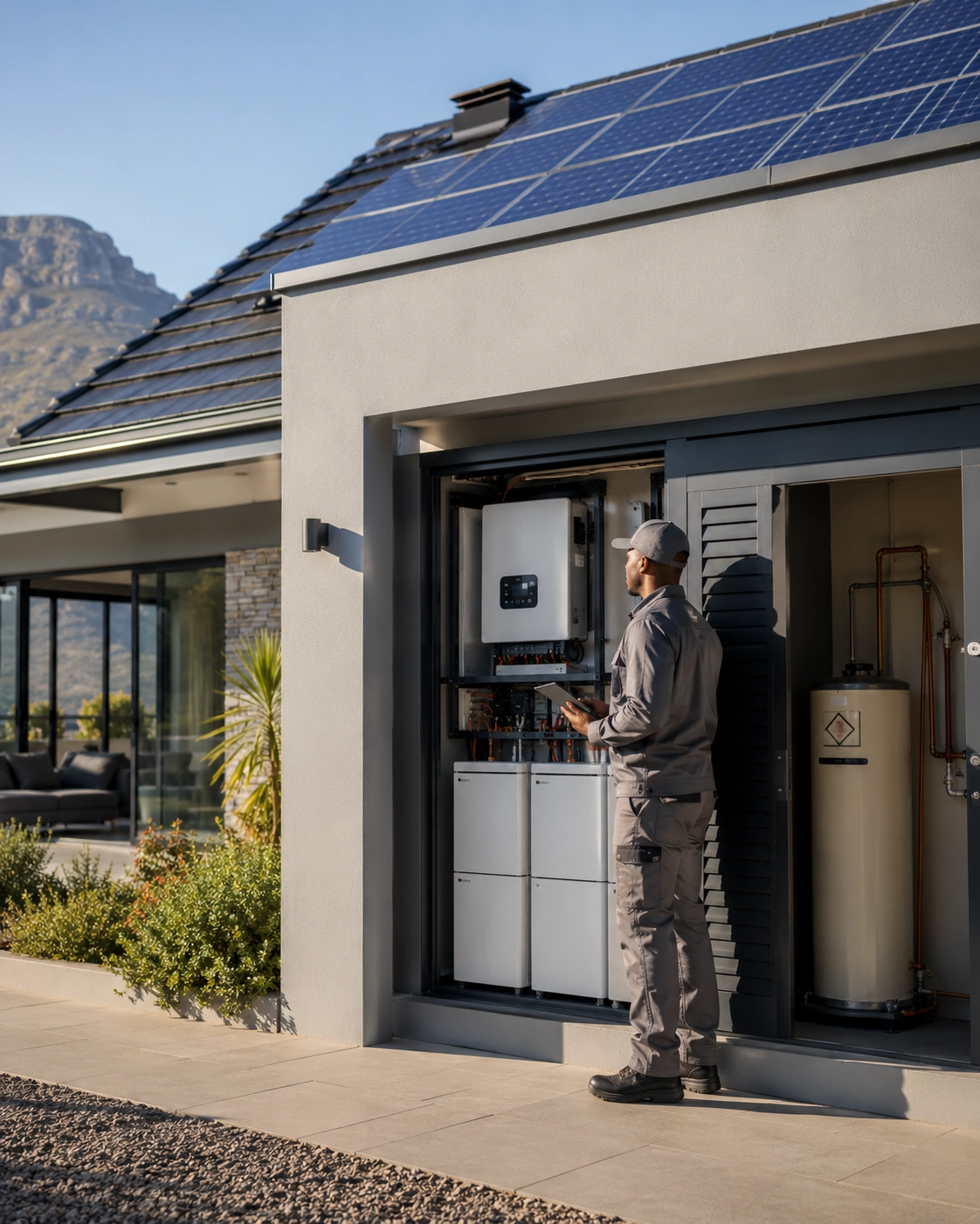 Technician reviewing an existing solar and backup power system